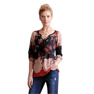 Anthropologie Silk Meadow Rue Blue Orange Floral Peasant Top Womens XS